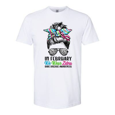 In February We Wear Zebra Messy Bun Rare Disease Awareness Softstyle CVC T-Shirt