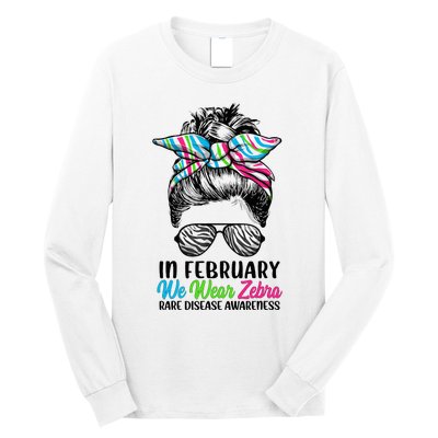 In February We Wear Zebra Messy Bun Rare Disease Awareness Long Sleeve Shirt