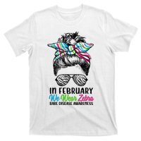 In February We Wear Zebra Messy Bun Rare Disease Awareness T-Shirt