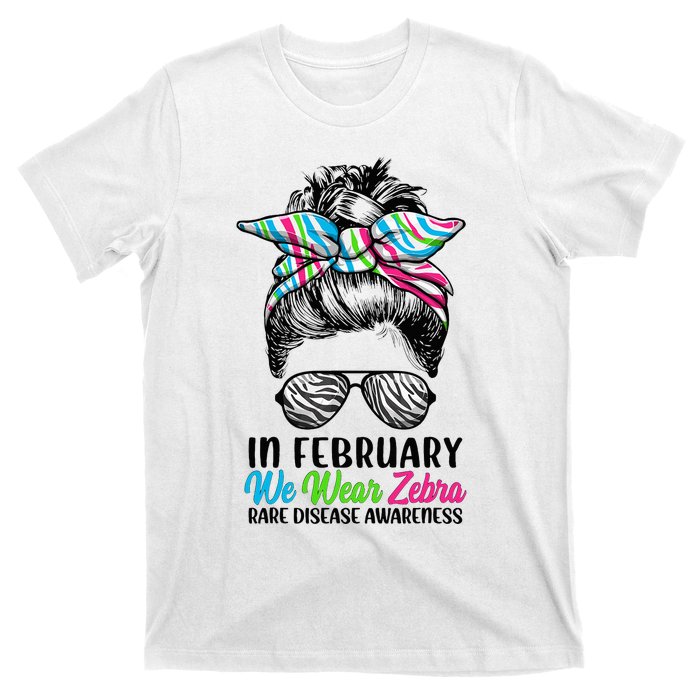 In February We Wear Zebra Messy Bun Rare Disease Awareness T-Shirt