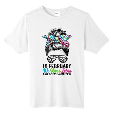 In February We Wear Zebra Messy Bun Rare Disease Awareness Tall Fusion ChromaSoft Performance T-Shirt