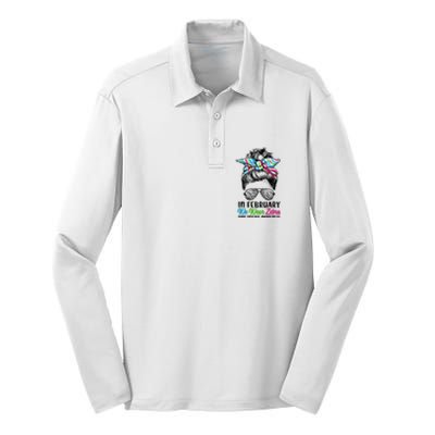 In February We Wear Zebra Messy Bun Rare Disease Awareness Silk Touch Performance Long Sleeve Polo