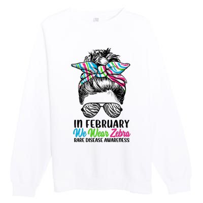 In February We Wear Zebra Messy Bun Rare Disease Awareness Premium Crewneck Sweatshirt