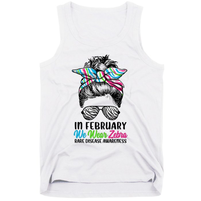 In February We Wear Zebra Messy Bun Rare Disease Awareness Tank Top