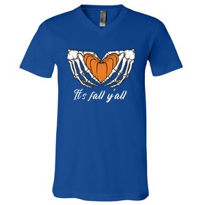 Its Fall Yall Skeleton Hand Pumpkin Heart Halloween Gift V-Neck T-Shirt