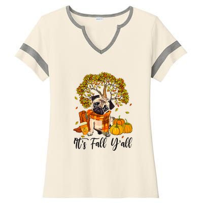 It's Fall Y'all Pug Dog Pumpkin Autumn Thanksgiving Ladies Halftime Notch Neck Tee