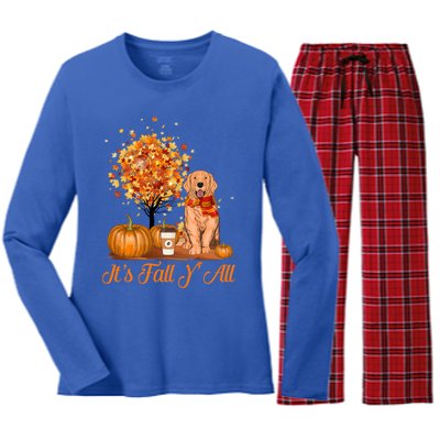 It's Fall Y'all Golden Retriever Dog Halloween Thanksgiving Cool Gift Women's Long Sleeve Flannel Pajama Set 