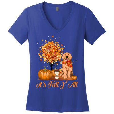 It's Fall Y'all Golden Retriever Dog Halloween Thanksgiving Cool Gift Women's V-Neck T-Shirt