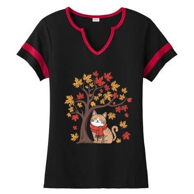 ItS Fall YAll Cat Leaf Fall Tree Happy Autumn Thanksgiving Ladies Halftime Notch Neck Tee