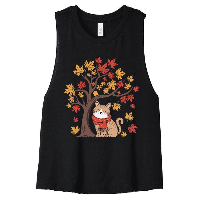 ItS Fall YAll Cat Leaf Fall Tree Happy Autumn Thanksgiving Women's Racerback Cropped Tank