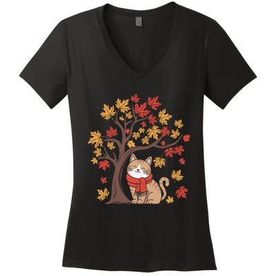 ItS Fall YAll Cat Leaf Fall Tree Happy Autumn Thanksgiving Women's V-Neck T-Shirt