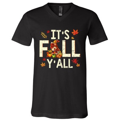 Its Fall Yall Gnome Pumpkin Halloween Thanksgiving Autumn V-Neck T-Shirt