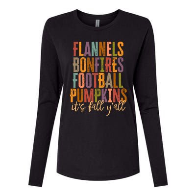 Its Fall Yall Flannels Bonfires Football Pumpkins Autumn Womens Cotton Relaxed Long Sleeve T-Shirt