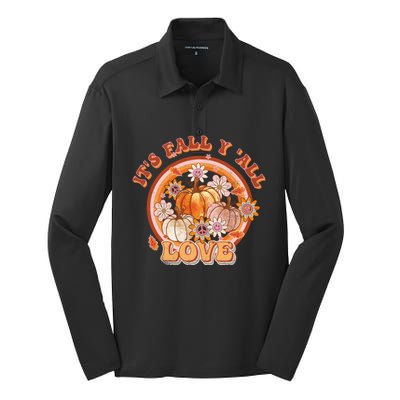 It's Fall Y'all Retro Pumpkin Love Fall Vibes Retro Flora Silk Touch Performance Long Sleeve Polo