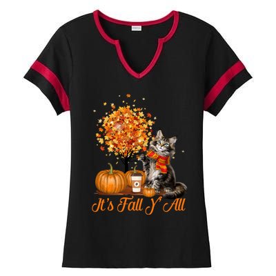 ItS Fall YAll Maine Coon Cat Halloween Hanksgiving Gift Ladies Halftime Notch Neck Tee