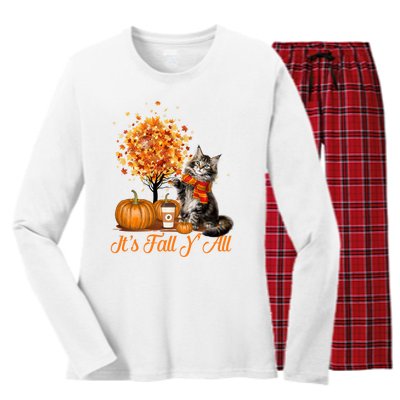 ItS Fall YAll Maine Coon Cat Halloween Hanksgiving Gift Women's Long Sleeve Flannel Pajama Set 