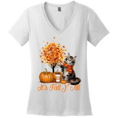 ItS Fall YAll Maine Coon Cat Halloween Hanksgiving Gift Women's V-Neck T-Shirt