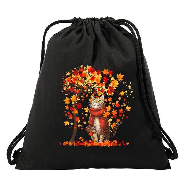 It’S Fall Y’All Cat Leaves And Autumn Vibes Drawstring Bag