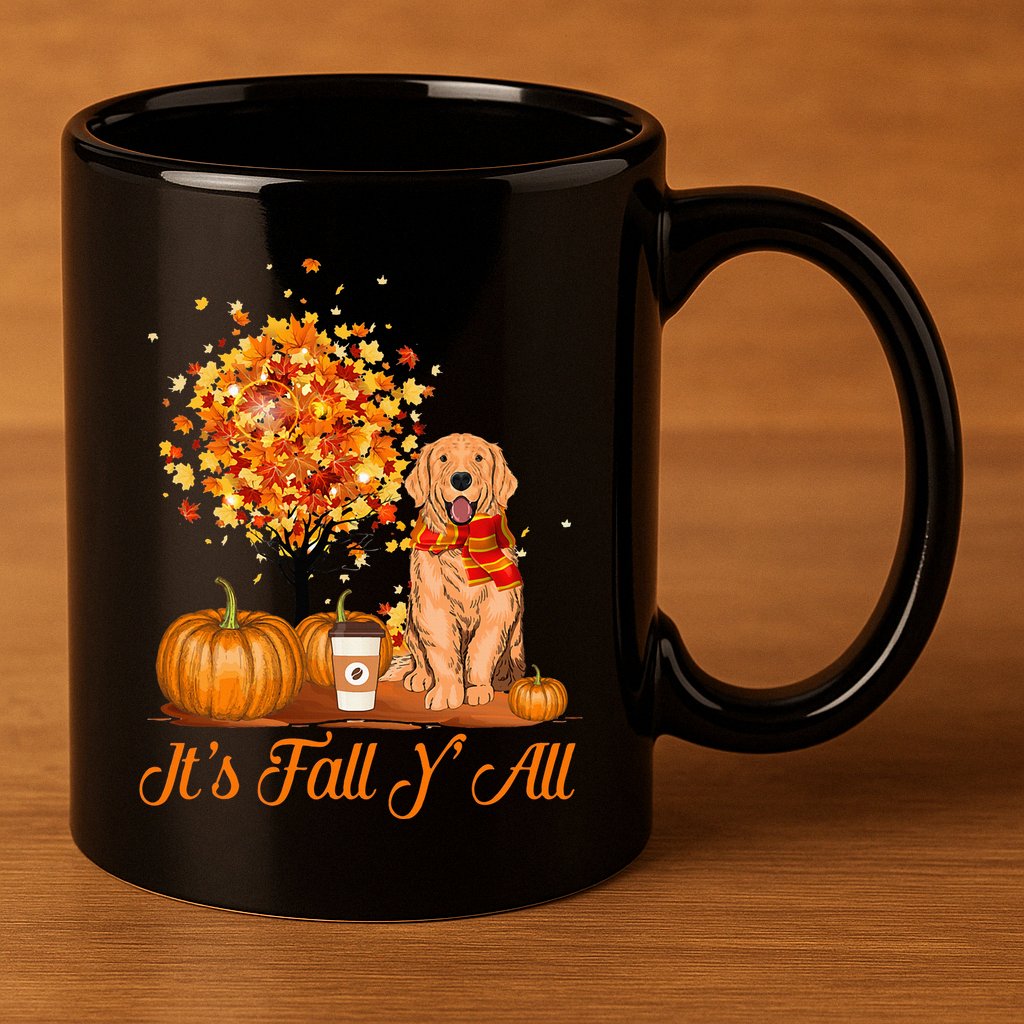 It's Fall Y'All Golden Retrievers Dog Halloween Thanksgiving 11oz C Handle Ceramic Mug