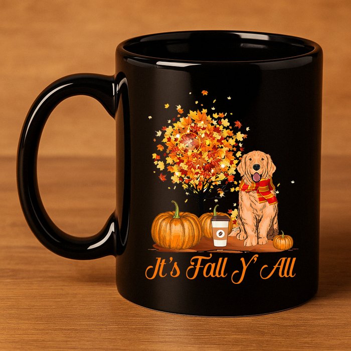 It's Fall Y'All Golden Retrievers Dog Halloween Thanksgiving 11oz C Handle Ceramic Mug