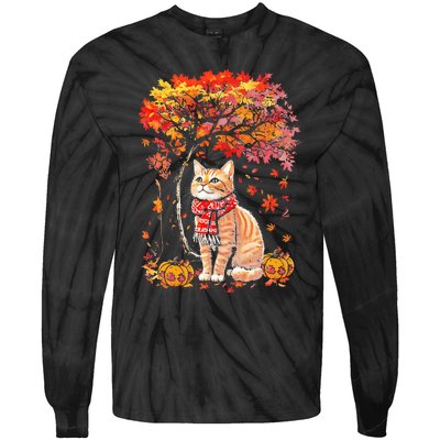 ItS Fall Yall Cat Leaf Fall Tree Hello Autumn Thanksgiving Tie-Dye Long Sleeve Shirt