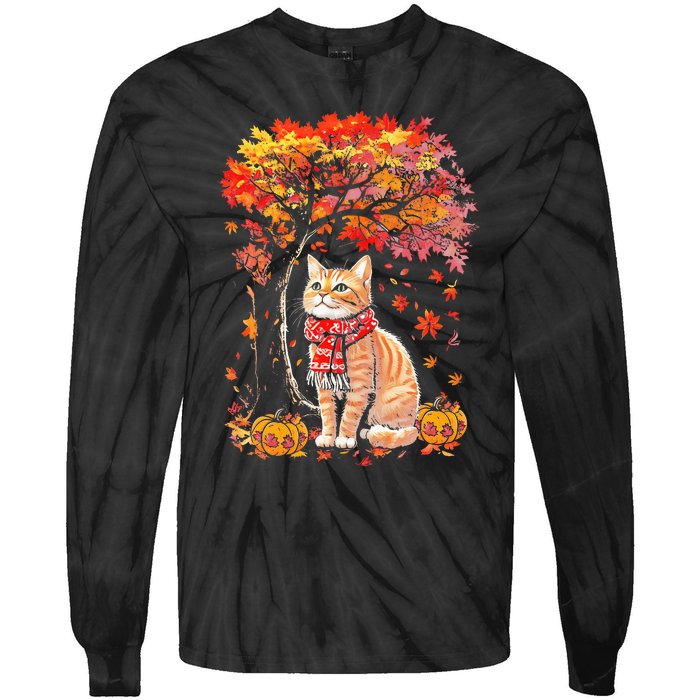 ItS Fall Yall Cat Leaf Fall Tree Hello Autumn Thanksgiving Tie-Dye Long Sleeve Shirt