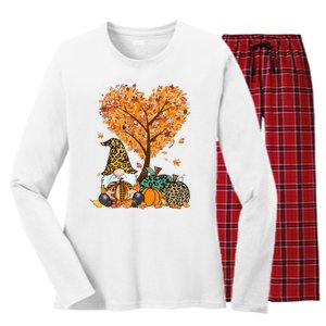 Its Fall Yall Cute Gnomes Pumpkin Autumn Tree Fall Leaves Women's Long Sleeve Flannel Pajama Set 