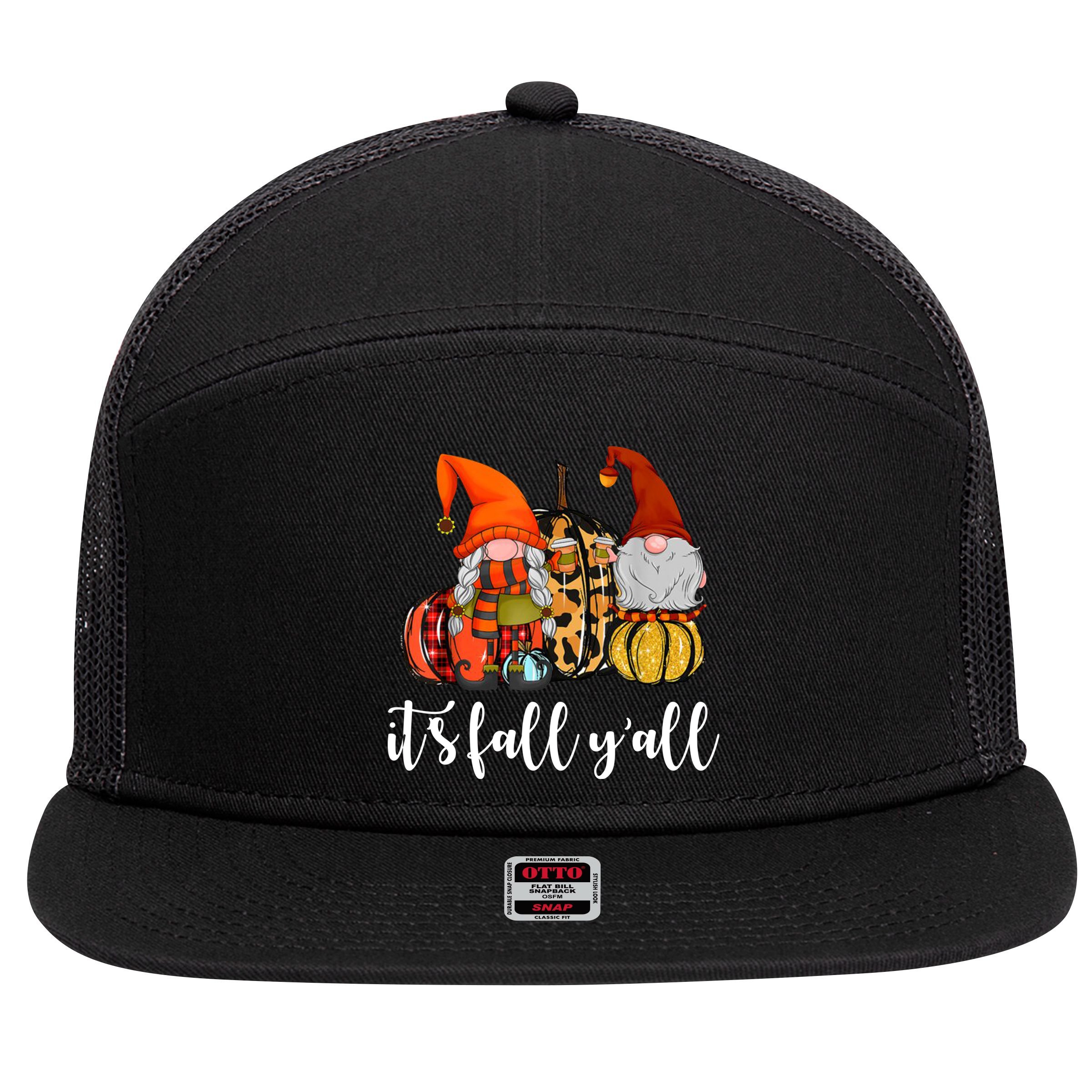 It's Fall Y'all Autumn Leaves Gnomes Fall Funny 7 Panel Mesh Trucker Snapback Hat