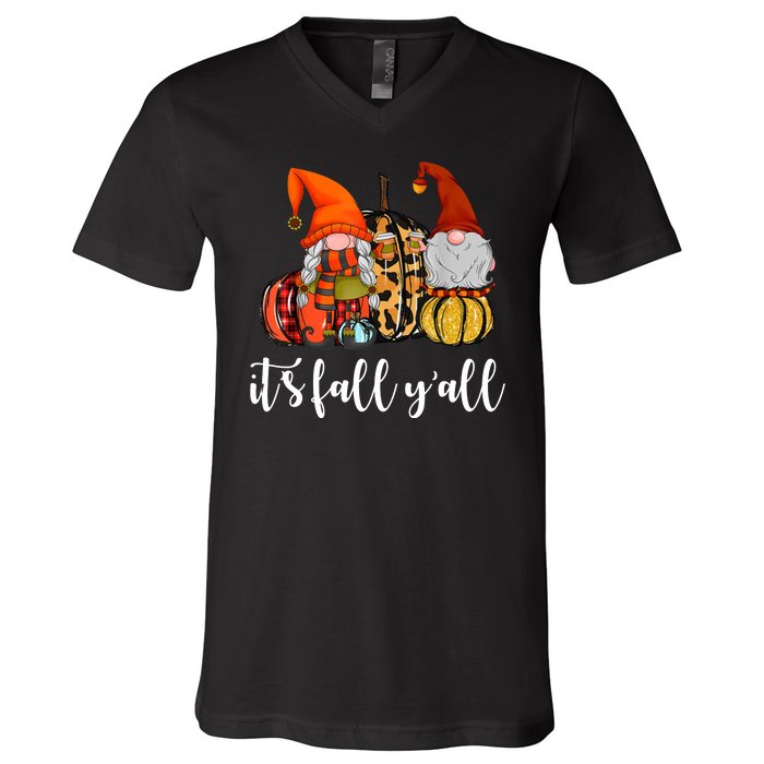 It's Fall Y'all Autumn Leaves Gnomes Fall Funny V-Neck T-Shirt