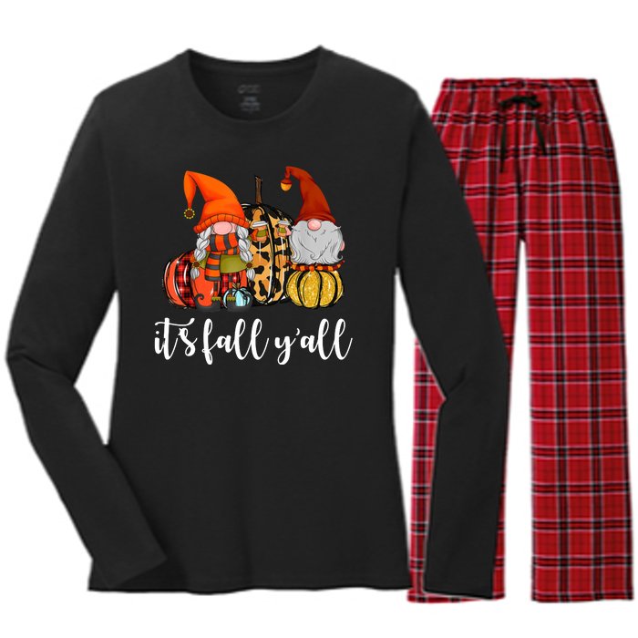 It's Fall Y'all Autumn Leaves Gnomes Fall Funny Women's Long Sleeve Flannel Pajama Set 