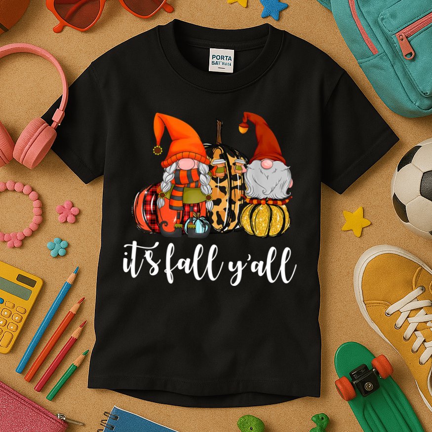 It's Fall Y'all Autumn Leaves Gnomes Fall Funny Kids T-Shirt
