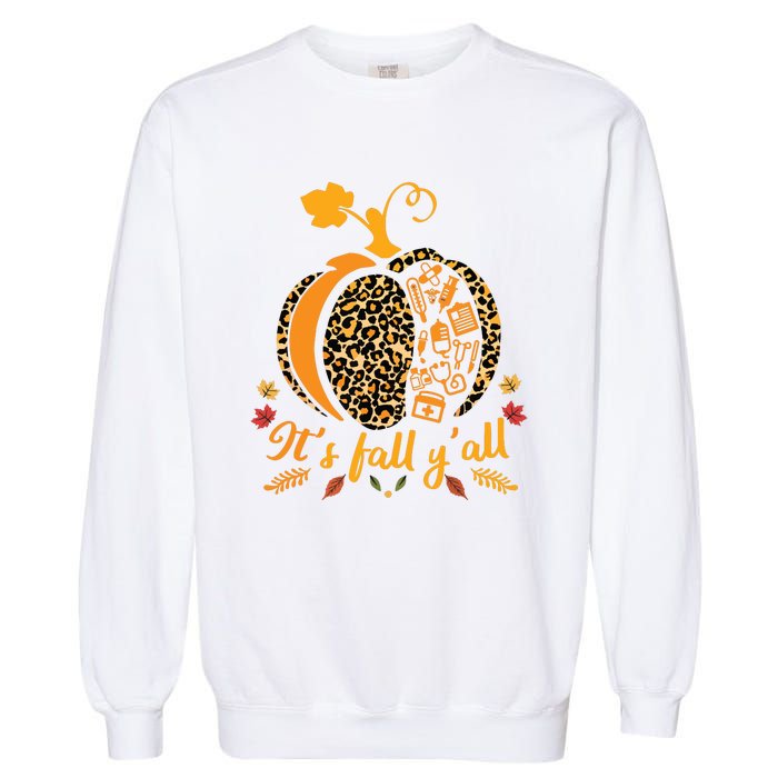 Its Fall Yall Fall Nurse Scrub Tops Leopard Pumpkin Nurse Garment-Dyed Sweatshirt