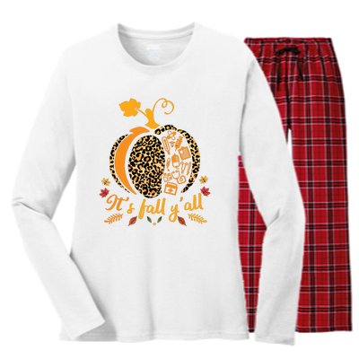 Its Fall Yall Fall Nurse Scrub Tops Leopard Pumpkin Nurse Women's Long Sleeve Flannel Pajama Set 