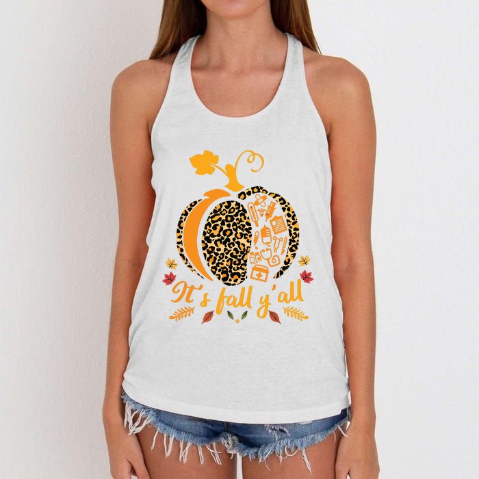 Its Fall Yall Fall Nurse Scrub Tops Leopard Pumpkin Nurse Women's Knotted Racerback Tank