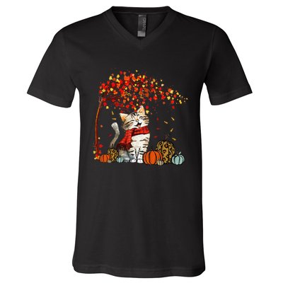 ItS Fall YAll Cat Leaf Fall Tree Hello Autumn Thanksgiving V-Neck T-Shirt