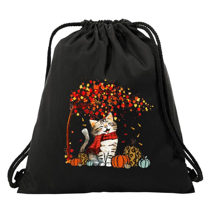 ItS Fall YAll Cat Leaf Fall Tree Hello Autumn Thanksgiving Drawstring Bag