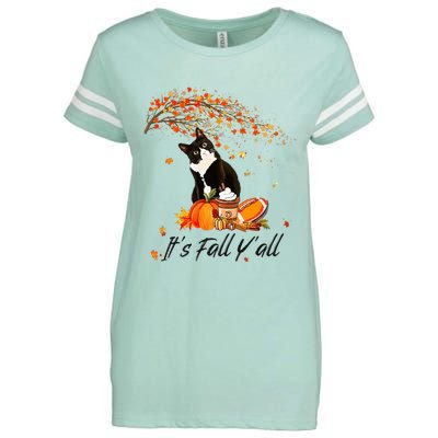 It's Fall Y'all Cute Black Cat Lovers Thanksgiving Halloween Enza Ladies Jersey Football T-Shirt