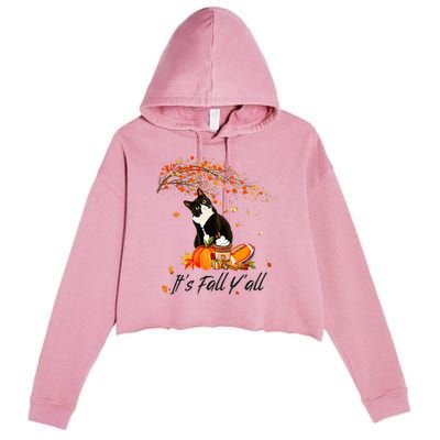 It's Fall Y'all Cute Black Cat Lovers Thanksgiving Halloween Crop Fleece Hoodie