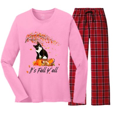 It's Fall Y'all Cute Black Cat Lovers Thanksgiving Halloween Women's Long Sleeve Flannel Pajama Set 