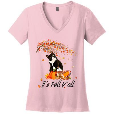 It's Fall Y'all Cute Black Cat Lovers Thanksgiving Halloween Women's V-Neck T-Shirt