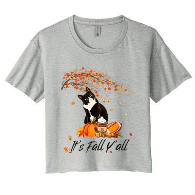 It's Fall Y'all Cute Black Cat Lovers Thanksgiving Halloween Women's Crop Top Tee