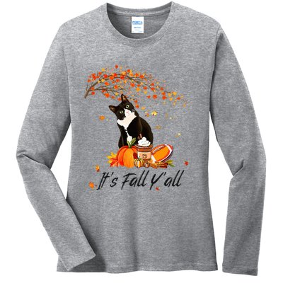 It's Fall Y'all Cute Black Cat Lovers Thanksgiving Halloween Ladies Long Sleeve Shirt