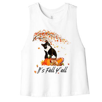 It's Fall Y'all Cute Black Cat Lovers Thanksgiving Halloween Women's Racerback Cropped Tank