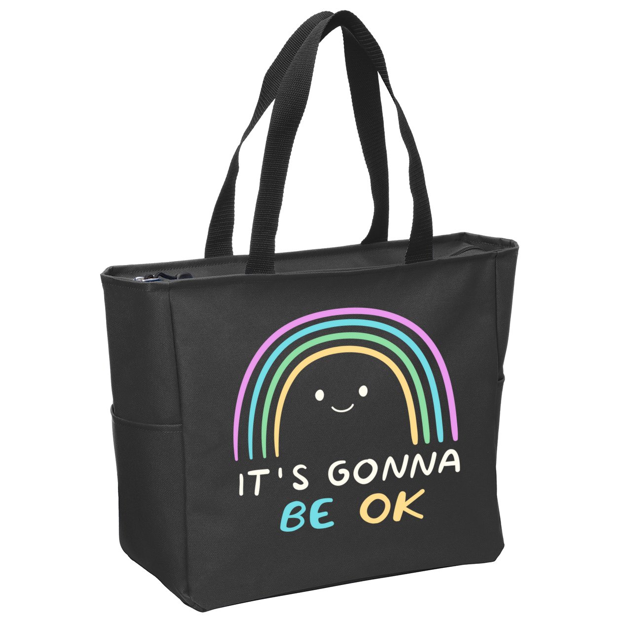 It's Gonna Be Ok Rainbow Smiley Face Positive Quote Zip Tote Bag