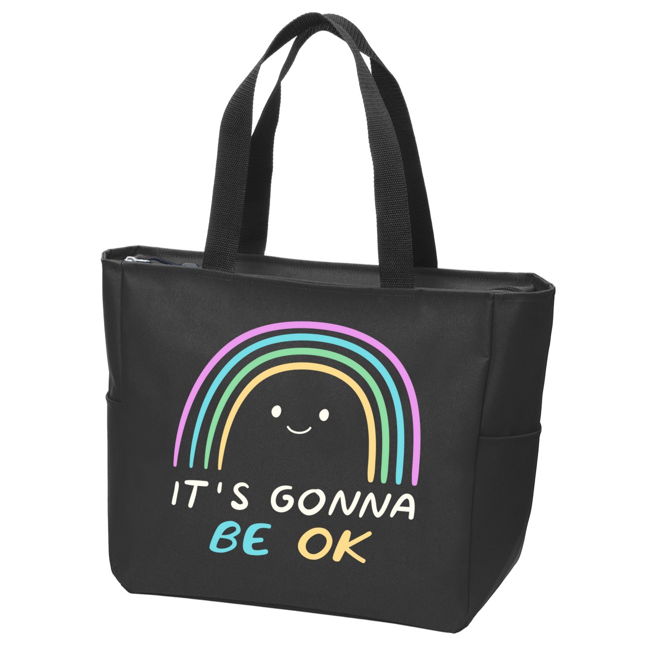 It's Gonna Be Ok Rainbow Smiley Face Positive Quote Zip Tote Bag