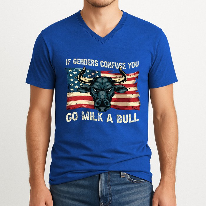 If Genders Confuse You Go Milk A Bull V-Neck T-Shirt