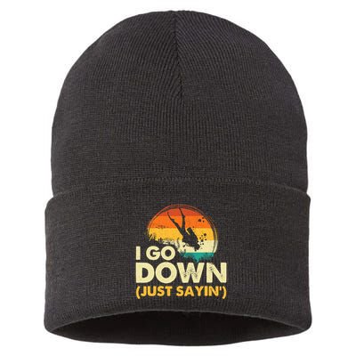 I Go Down Scuba Diver Diving Instructor Underwater Sustainable Knit Beanie