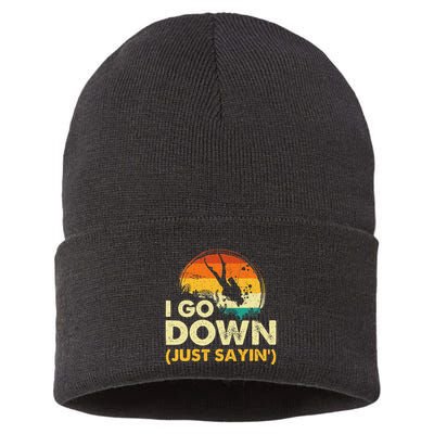 I Go Down Scuba Diver Diving Instructor Underwater Sustainable Knit Beanie