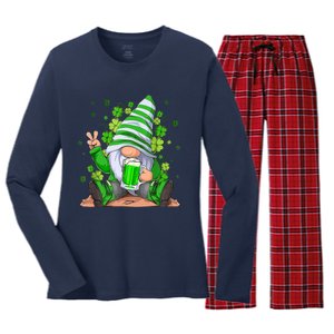 Irish Gnome Drink Beer Lucky Shamrock Gnome St Patricks Day Women's Long Sleeve Flannel Pajama Set 