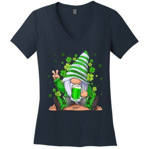 Irish Gnome Drink Beer Lucky Shamrock Gnome St Patricks Day Women's V-Neck T-Shirt